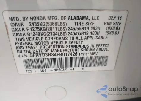 2014 Acura Mdx Advance Pkg W/Entertainment Pkg из США, поврежденный, VIN 5FRYD3H84EB017426